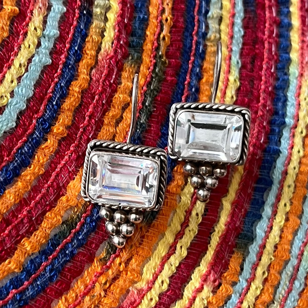 Vintage Emerald Clear Quartz Mexico Sterling Silver Earrings ball dangle diamond
